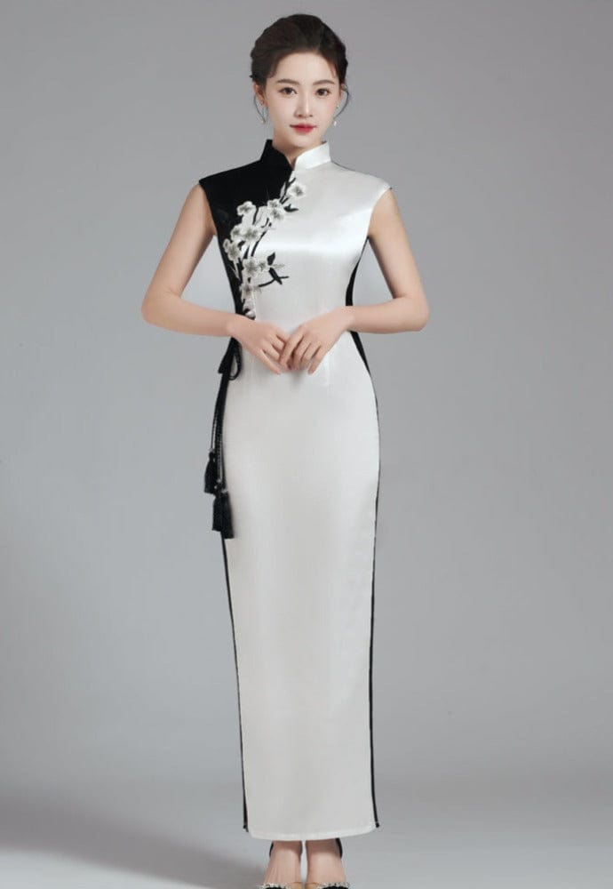 White Beaded Split Front Long Qipao / Cheongsam Dress - CozyLadyWear