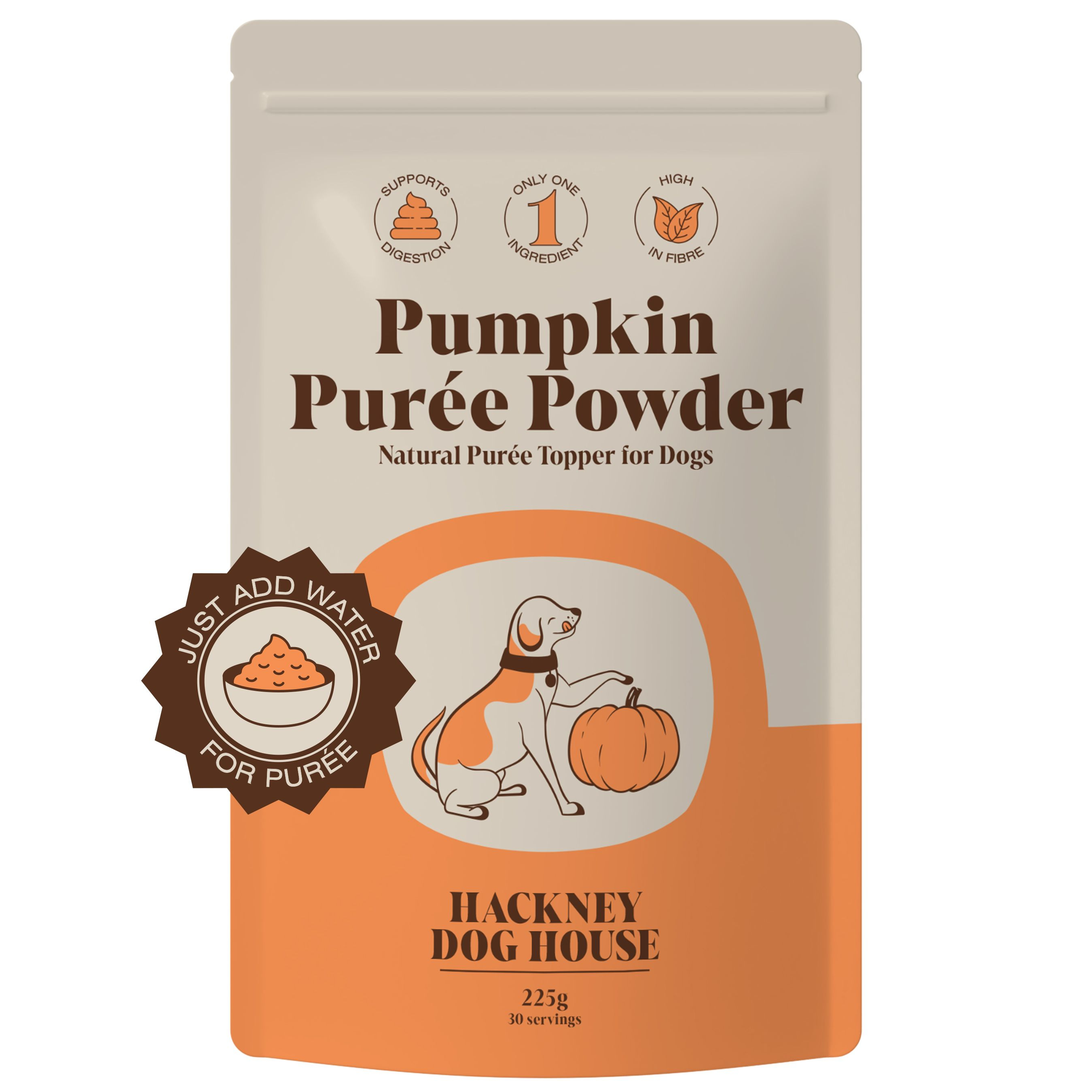 Packaging for pumpkin puree powder dog food topper by Hackney Dog House.