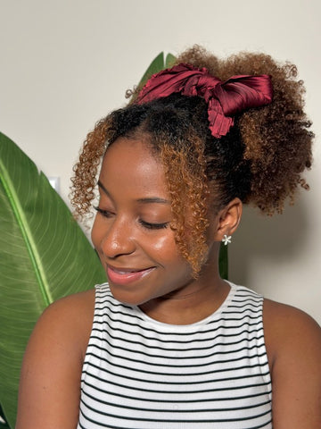 High Puffs with Bangs Natural Hairstyle - Happy Hair Box Satin Scarfs