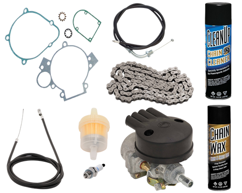 BBR parts gaskets, throttle cable, clutch cable, fuel filter, 415 chain, carburetor, chain cleaner and chain wax