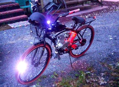 Motorized bike with safety lights.