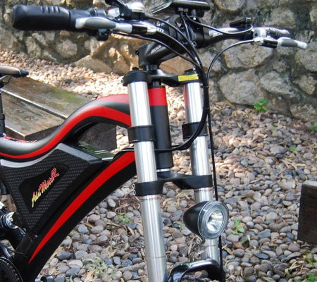 High suspension fork an electric mountain bike.