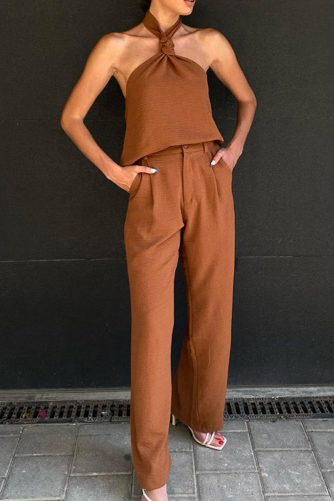Tie-back Ruched Crop Top High Waist Flares Long Pants Set