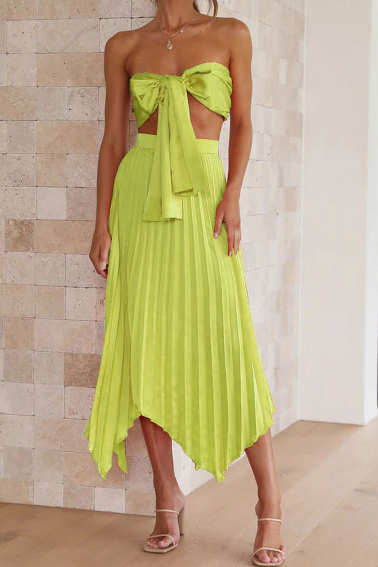 Tie Front Strapless Crop Top Pleated Skirt Suits Arolora