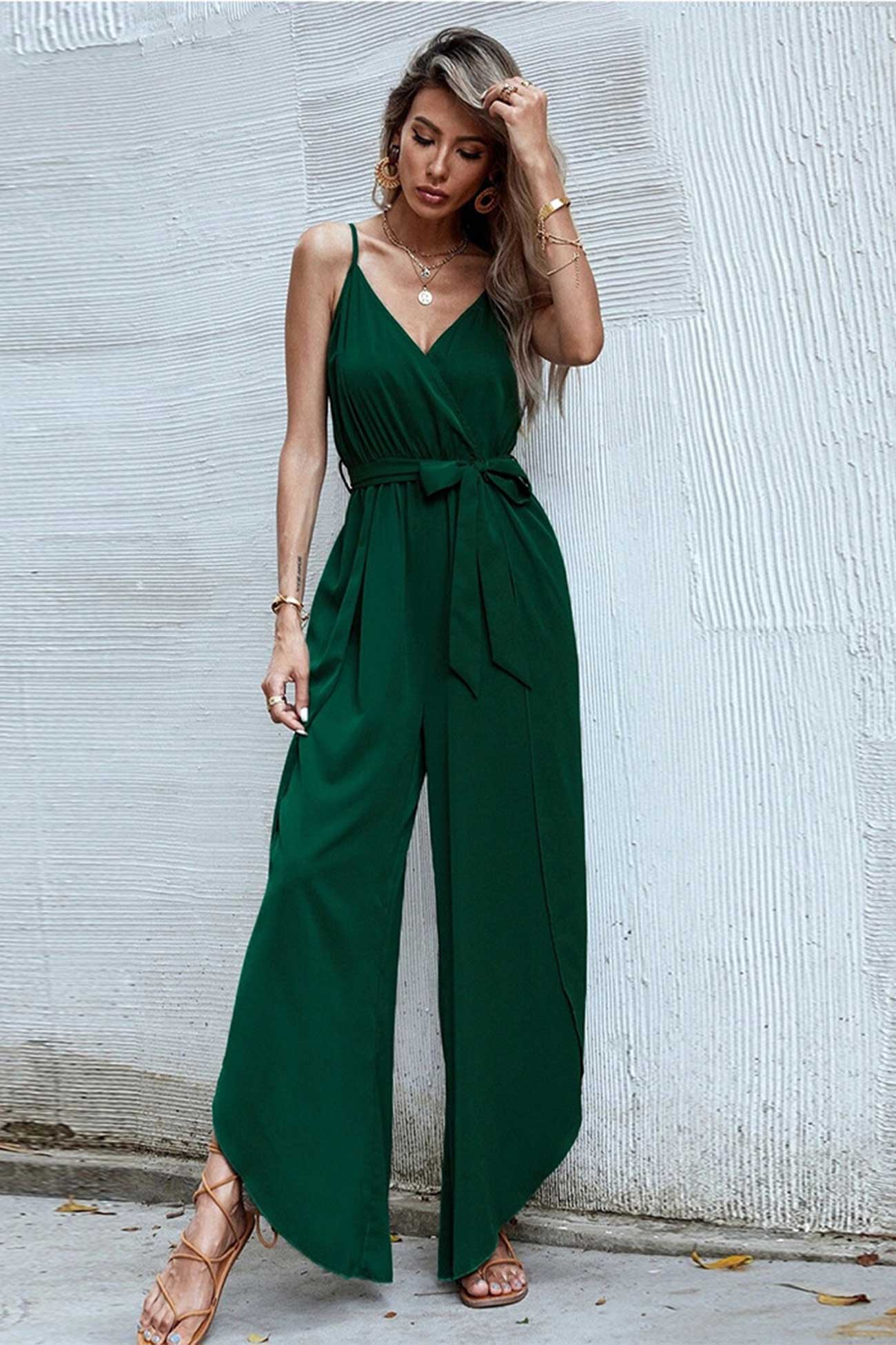 V Neck Waisted Slit Jumpsuits – AROLORA