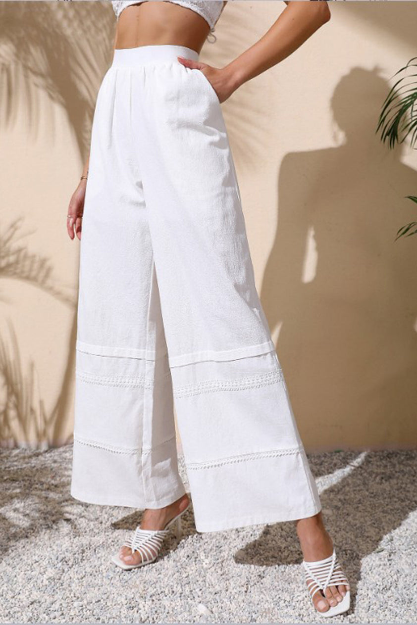 White Embossing Wide Leg Pants – AROLORA