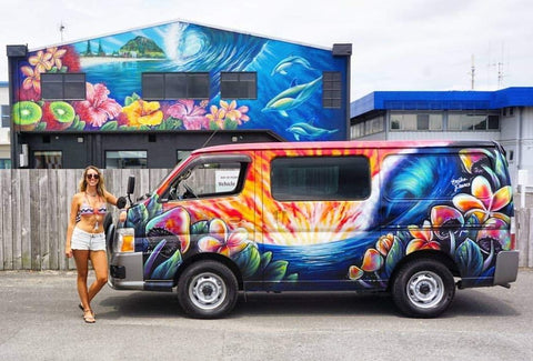 Erika Pearce mural for Escape Campers, Mount Maunganui, NZ