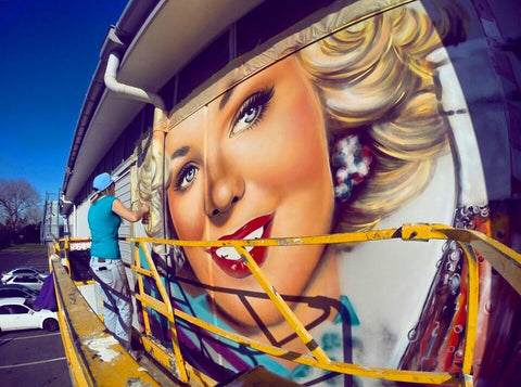 Erika Pearce street art mural Classic Car Museum, Hamilton, NZ