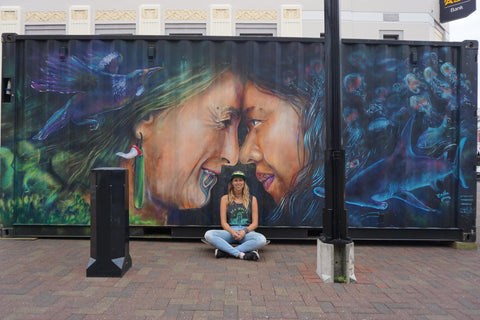 Erika Pearce street art mural Maori portrait, Sea Walls, Napier, NZ