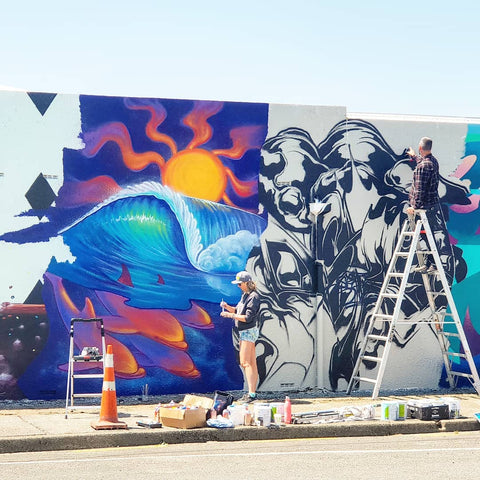 Erika Pearce street art mural festival colab wall, Riverton, NZ