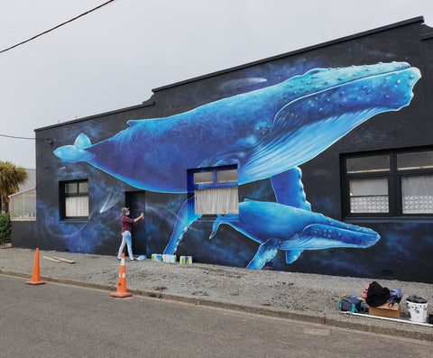 Erika Pearce street art mural in Riverton New Zealand, whale in progress