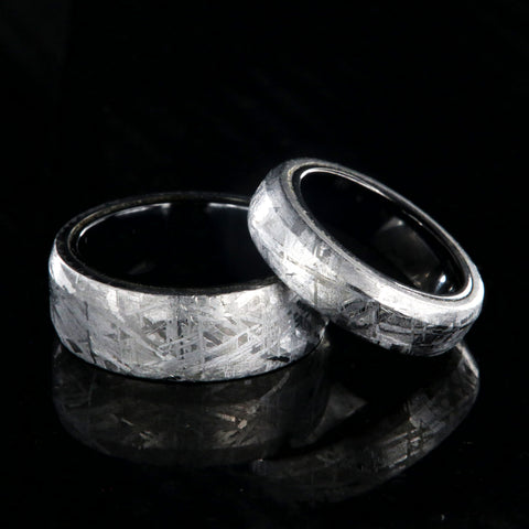 Matching meteorite ring set with black zirconium