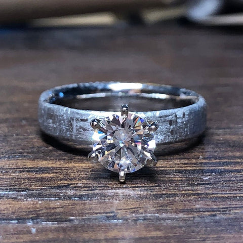 Women's meteorite and moissanite engagement ring