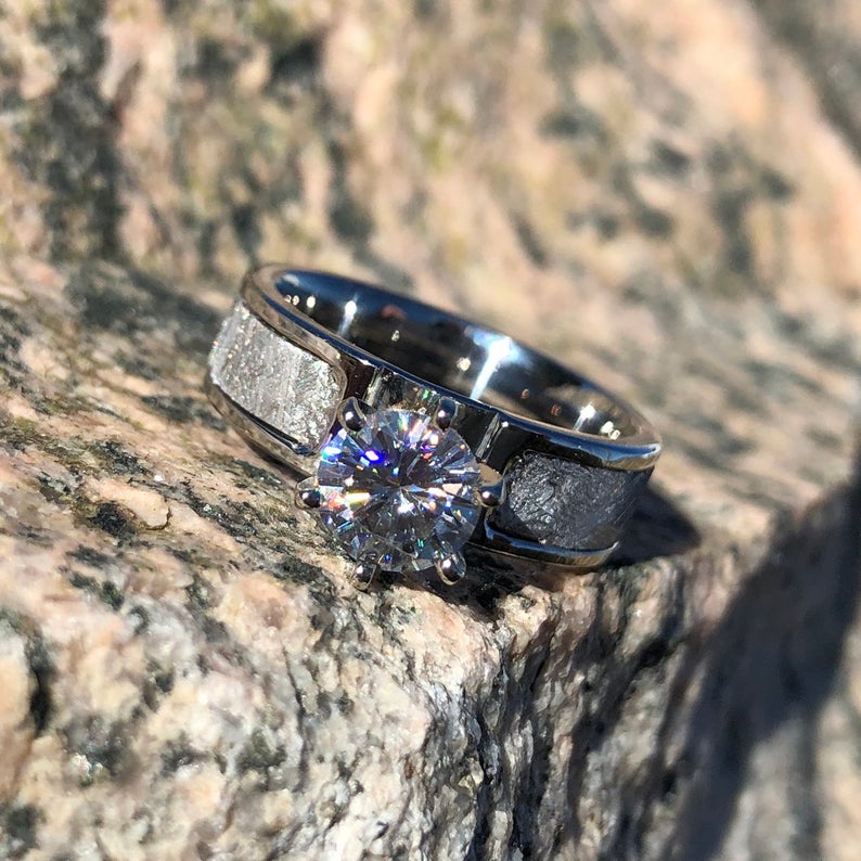 Meteorite Wedding Ring Set with Diamond Ring