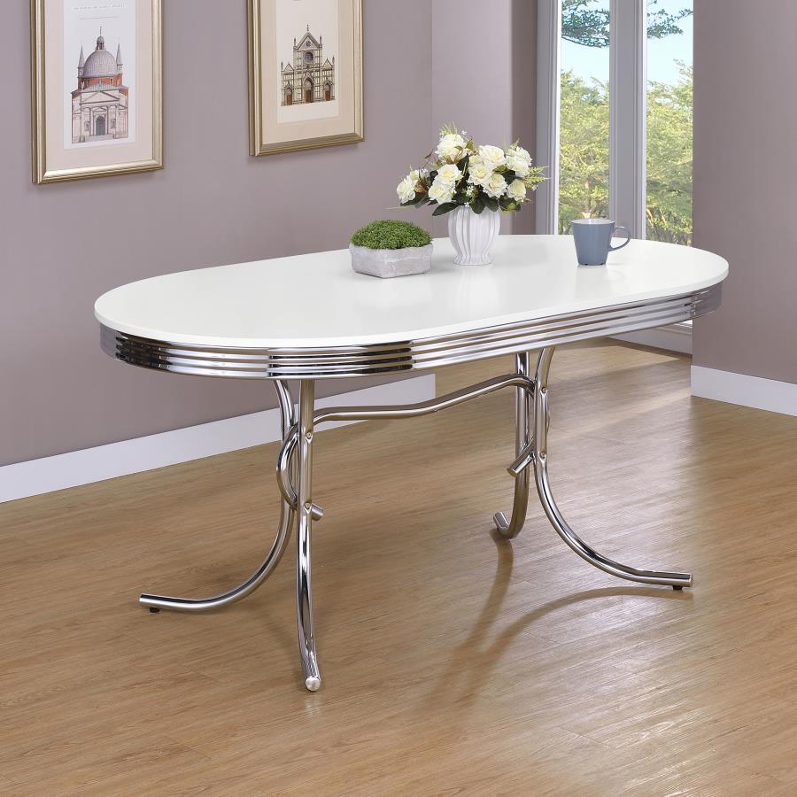 CoasterEveryday Retro Oval Dining Table Glossy White And Chrome