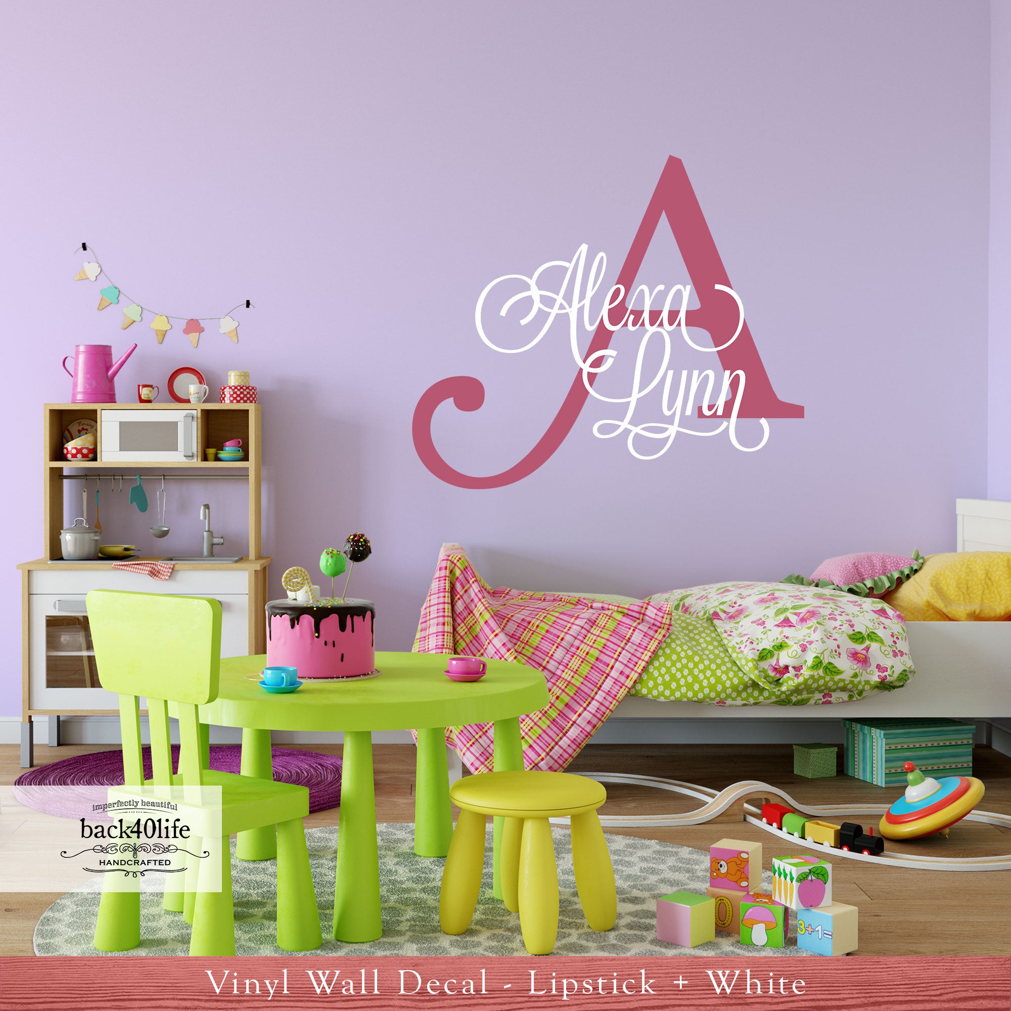 Kids Name with Monogram Double Circle Vinyl Wall Decal (M-012) – Back40Life
