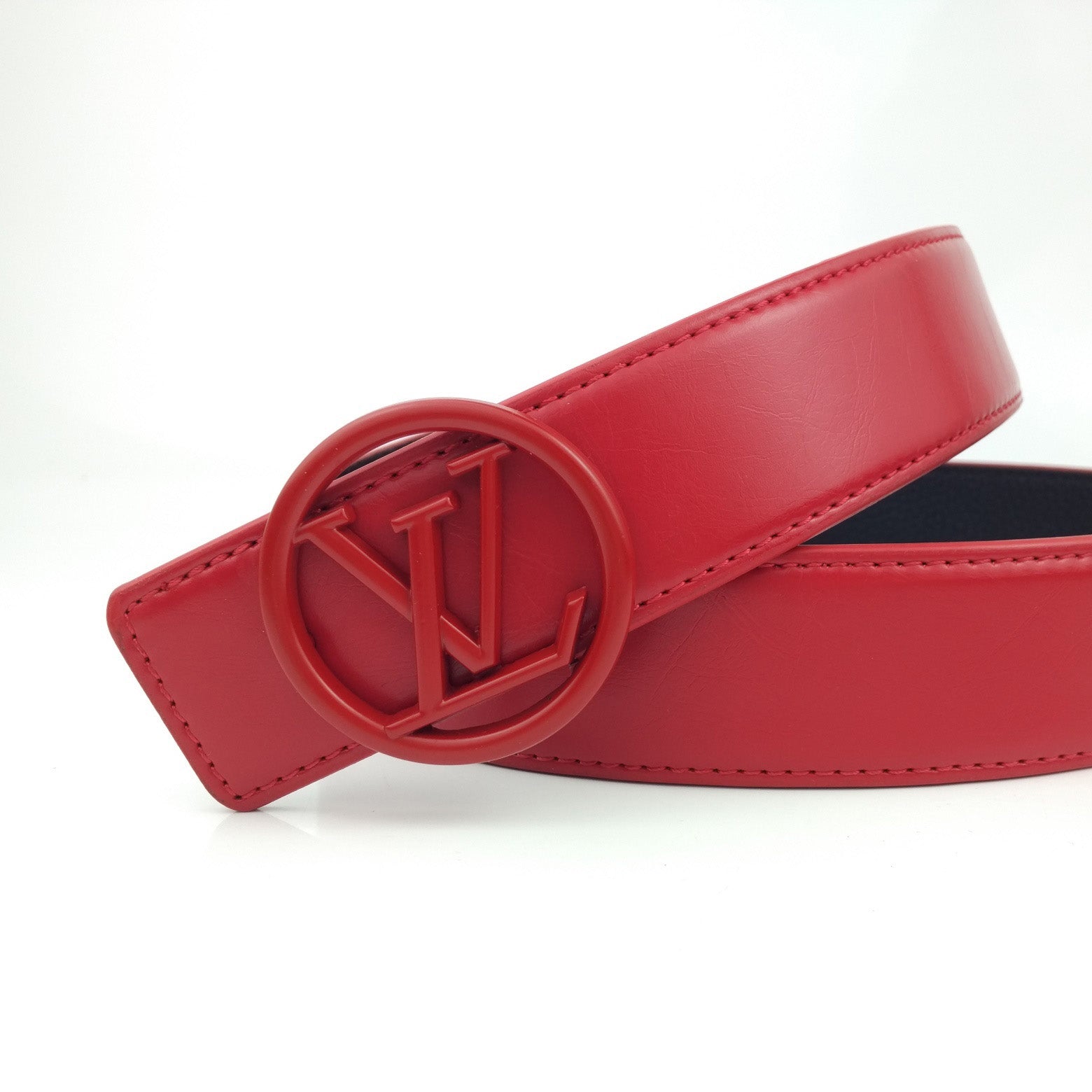 LV Louis Vuitton Fashion Men's Women Round Letter Buckle Frosted Pattern Belt