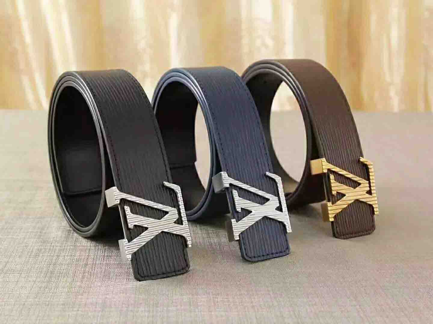 Inseva Louis Vuitton LV Fashion new water ripple couple high quality belt Black