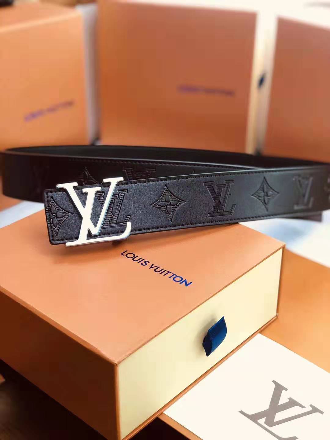 Inseva LV Louis Vuitton New fashion letter buckle monogram leather couple belt Coffee