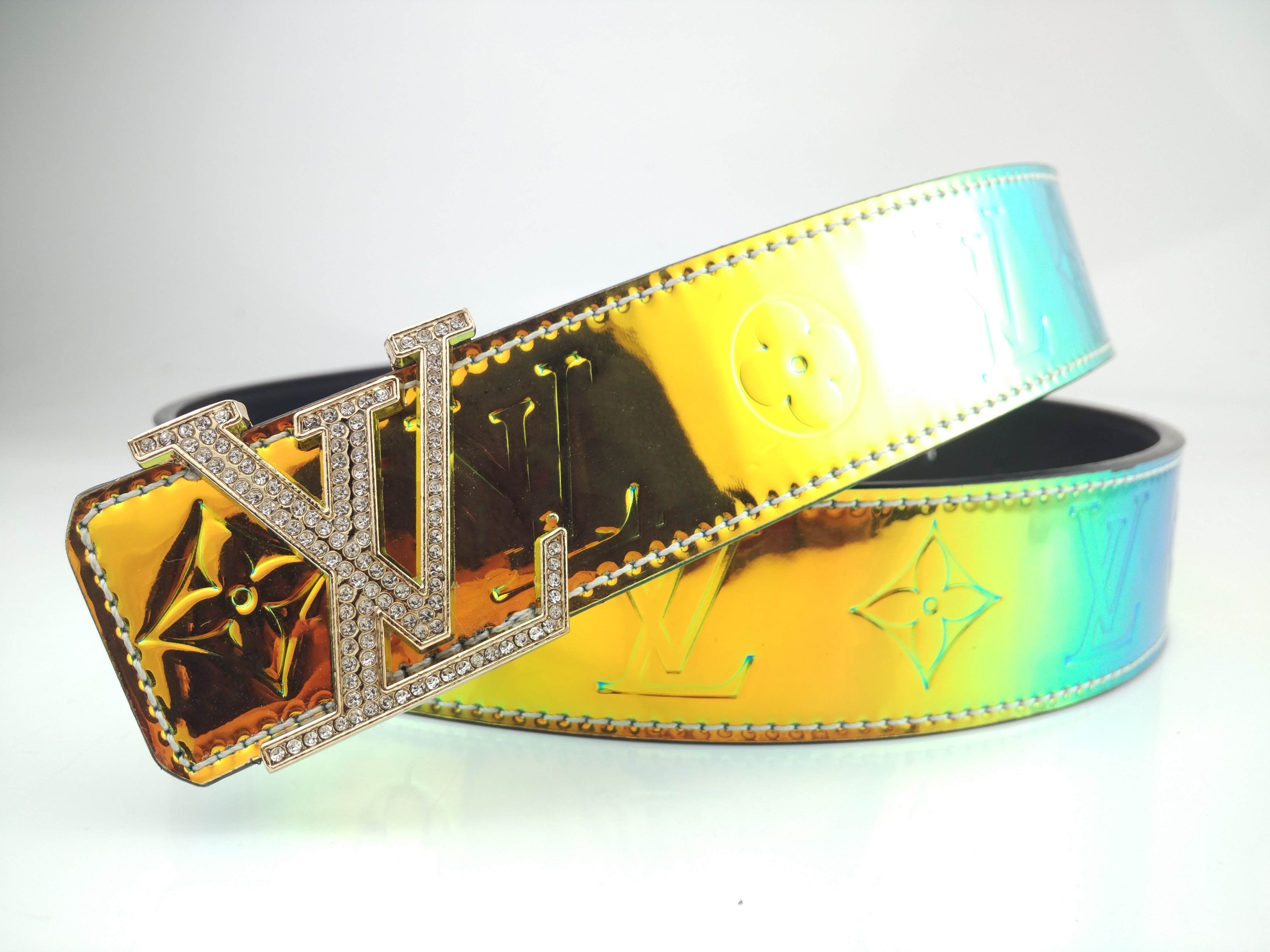 LV stylish laser mirror embossed letter belt