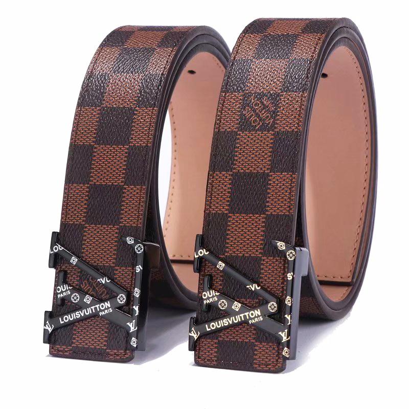 Inseva LV Louis Vuitton Women Men Smooth Buckle Coffee Tartan Leather Belt