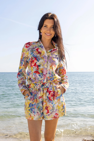 Malta Linen Button-Up in Bright Floral