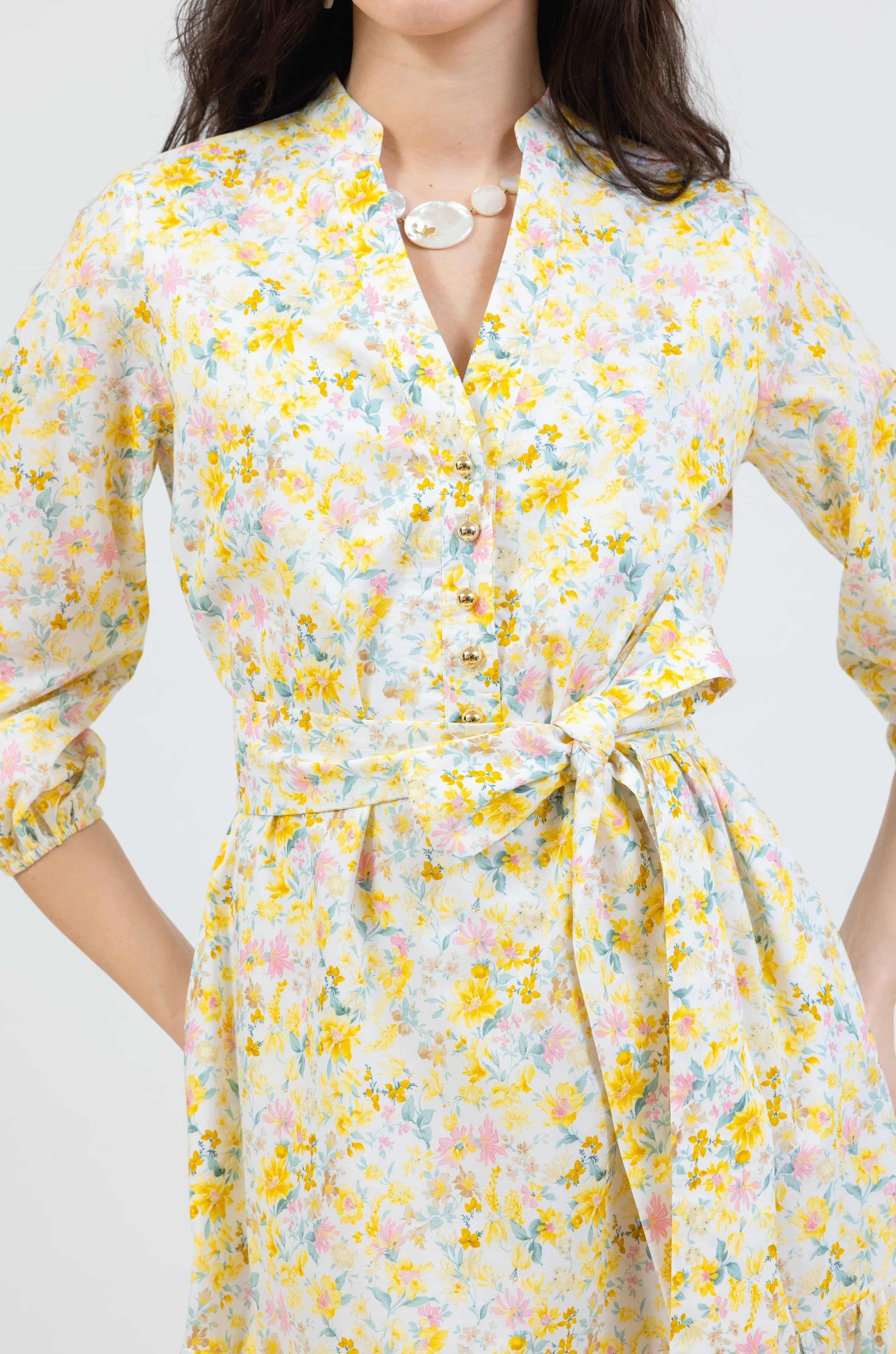 belted maxi dress in yellow floral - design details