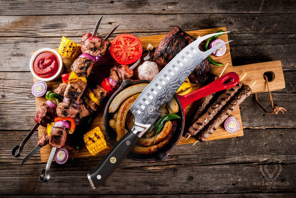 pitmaster knife laying on top of food - on top of a wood cutting board