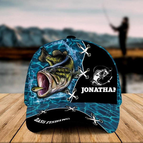 Personalized Bass Fishing Cap with custom Name, Water Blue