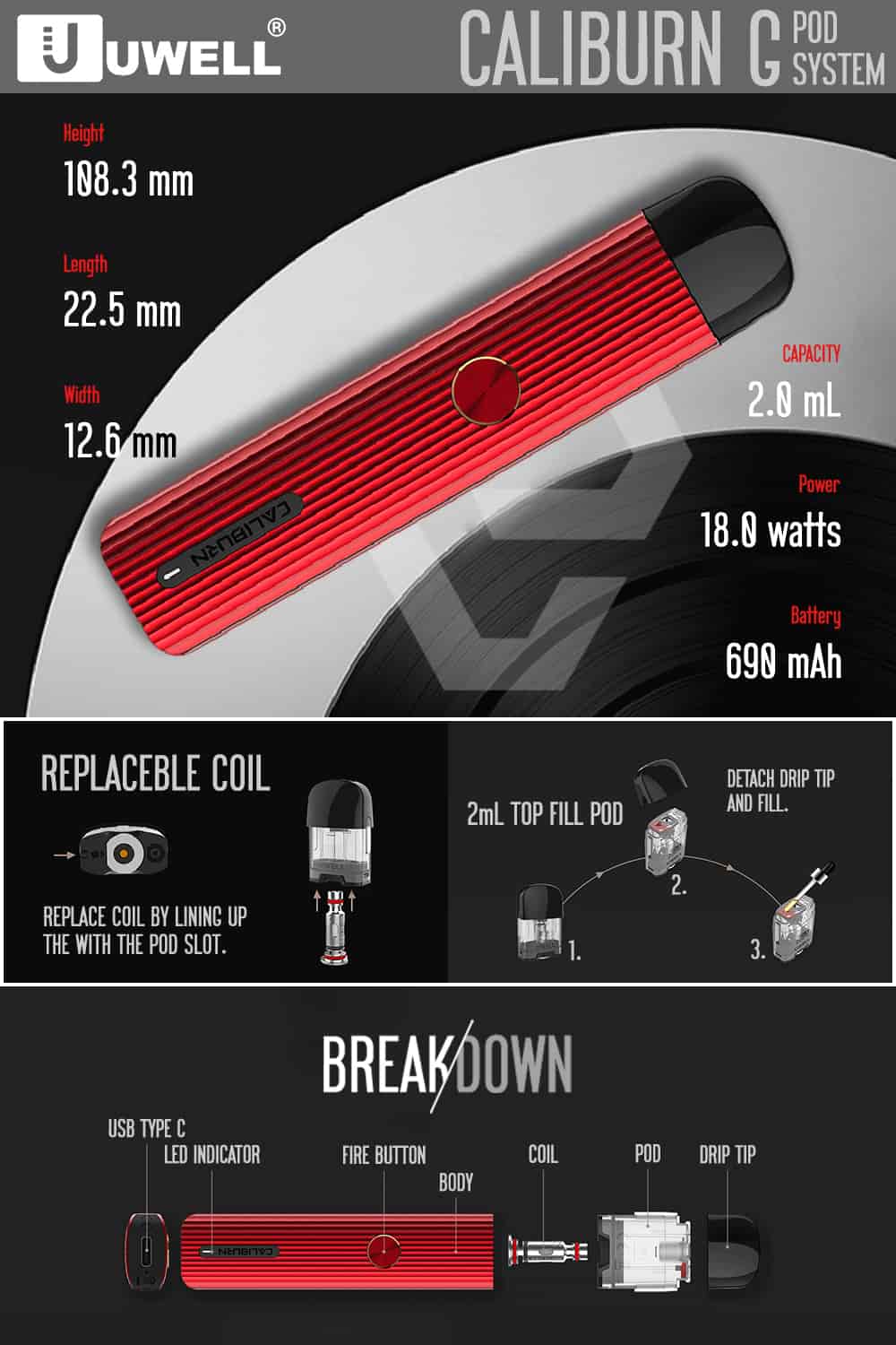 uwell caliburn g pod system infographic