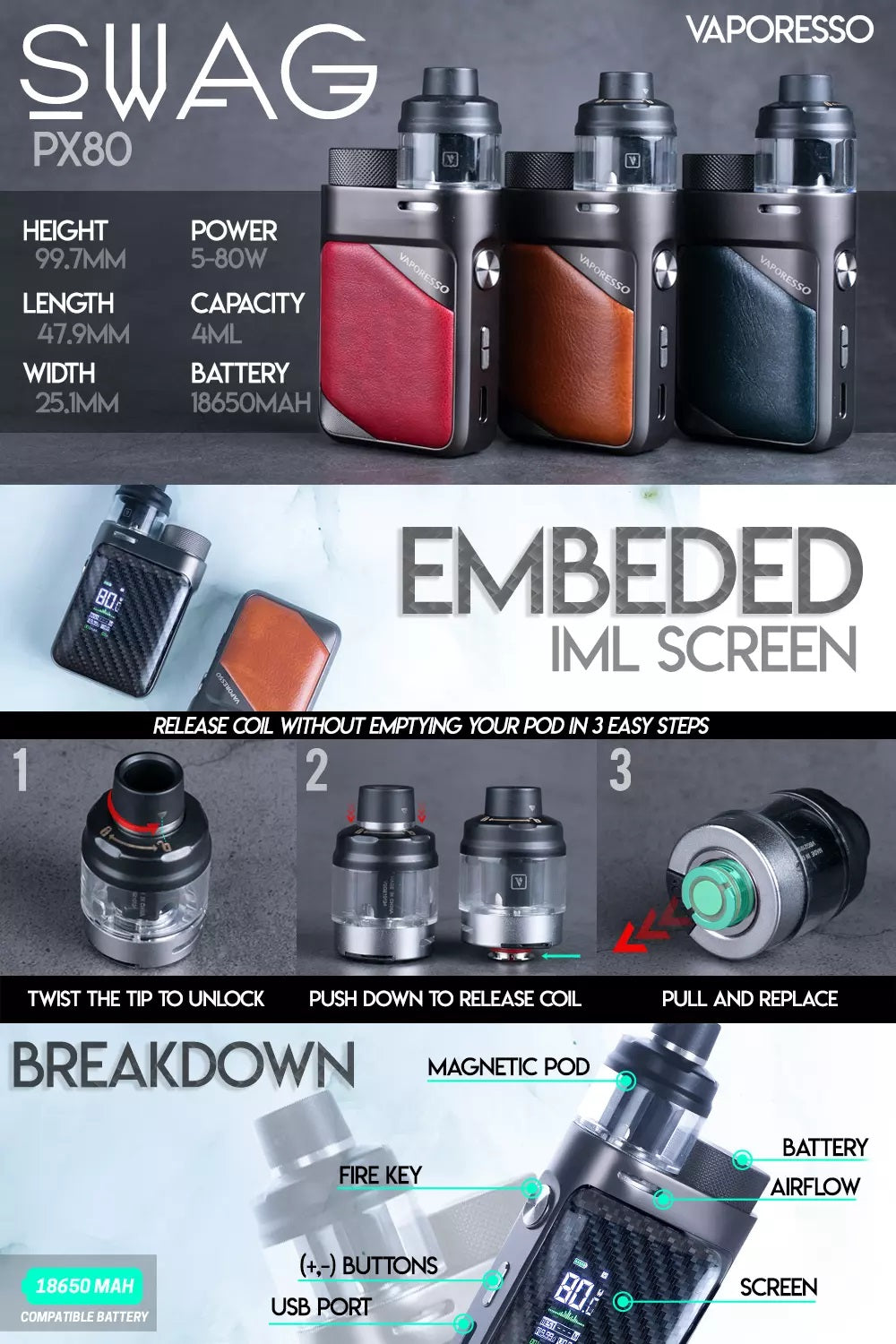 vaporesso swag px80 pod mod kit infographic