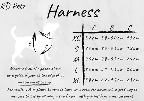 Size guide chart of harness