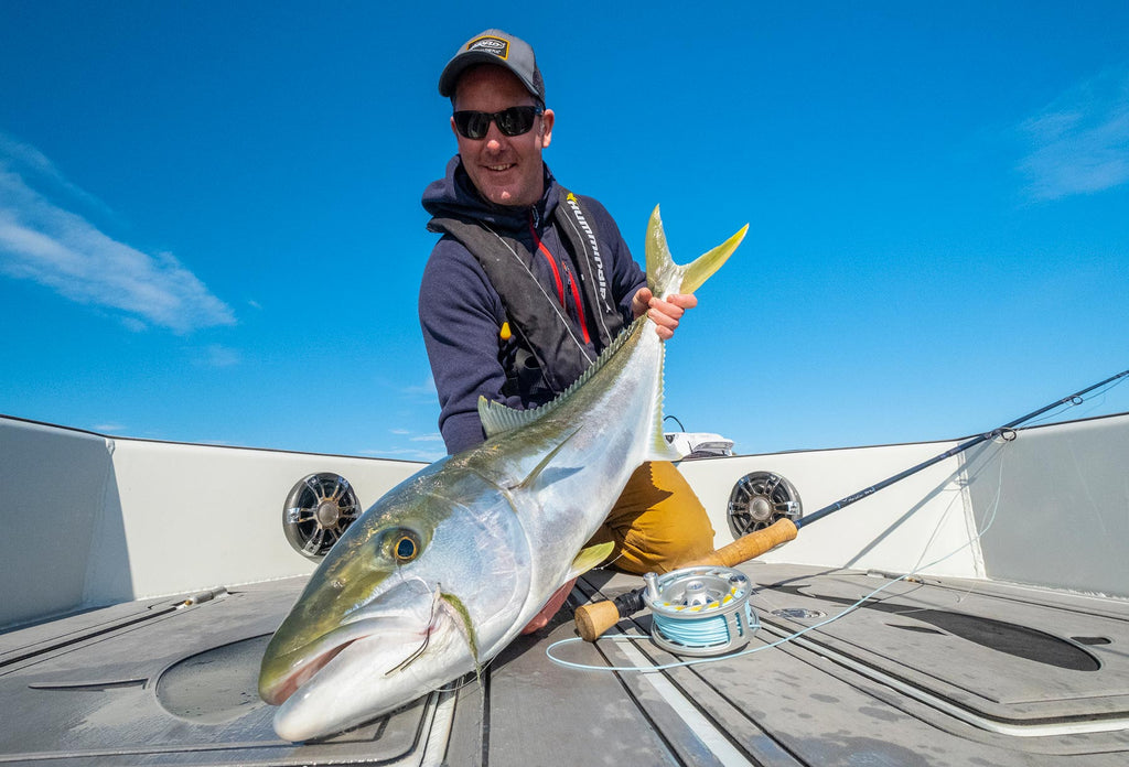 Airflo's Gareth Jones with an auckland kingfish caught on a King Tide Rattle Piper Fly