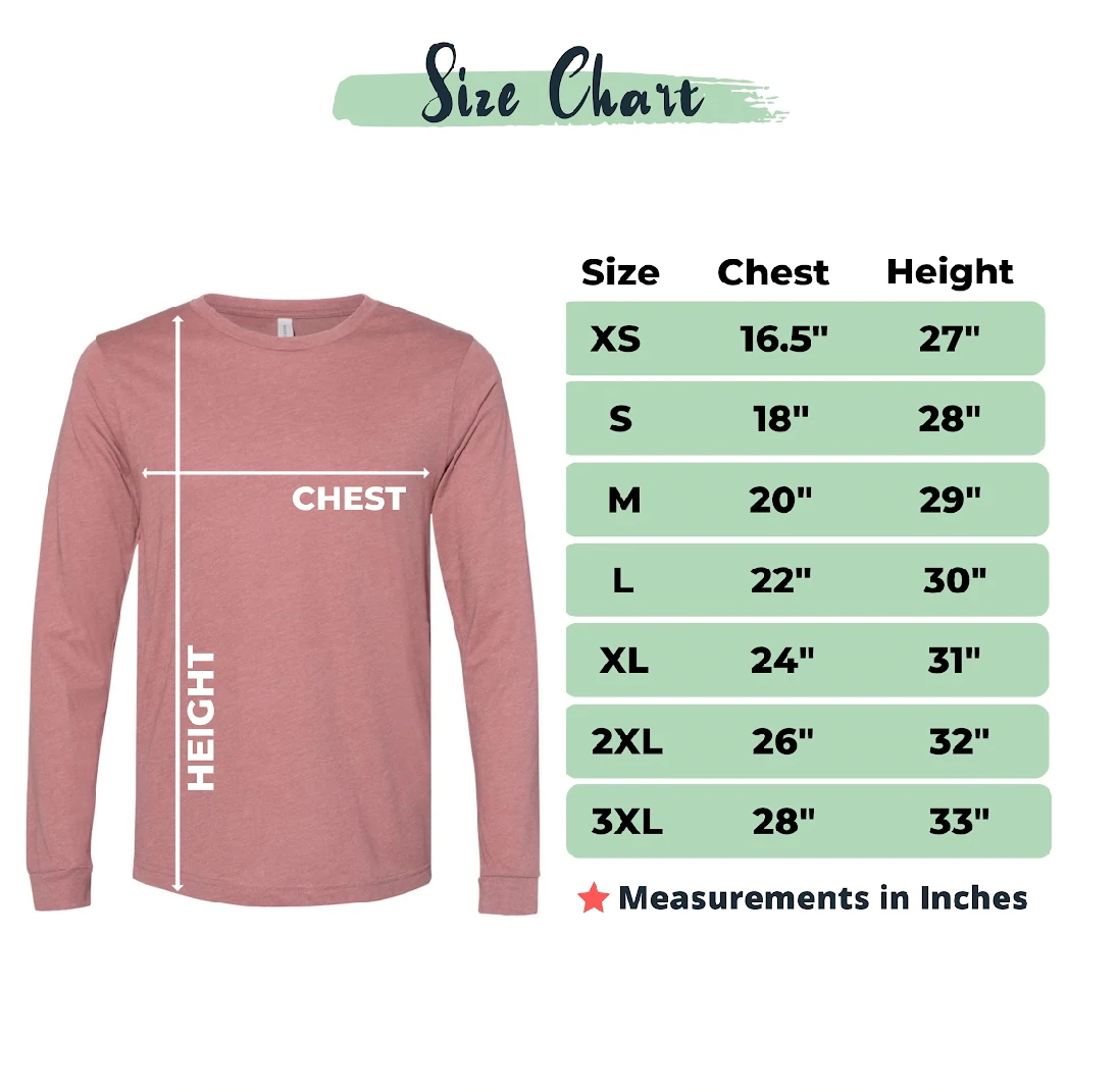Size Chart for Long Sleeve Tees
