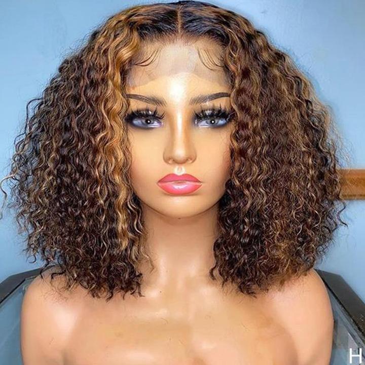 Highlight Deep Curly Bob Human Hair Wigs Ombre Honey Brown 4x4 Lace Closure Wigs