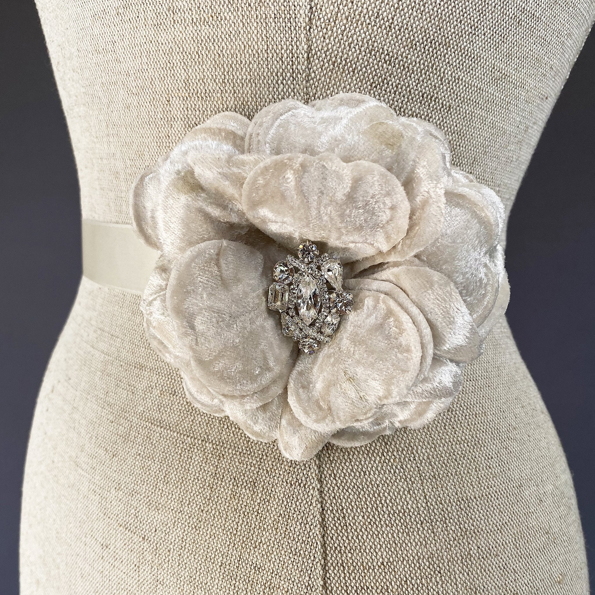 Daphne Champagne Silk Velvet Flower Bridal Sash | Marie Livet