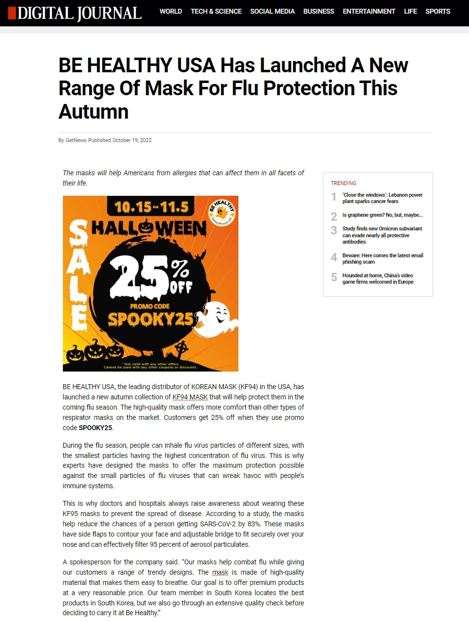 BE HEALTHY USA Has Launched A New Range Of Mask For Flu Protection This Autumn