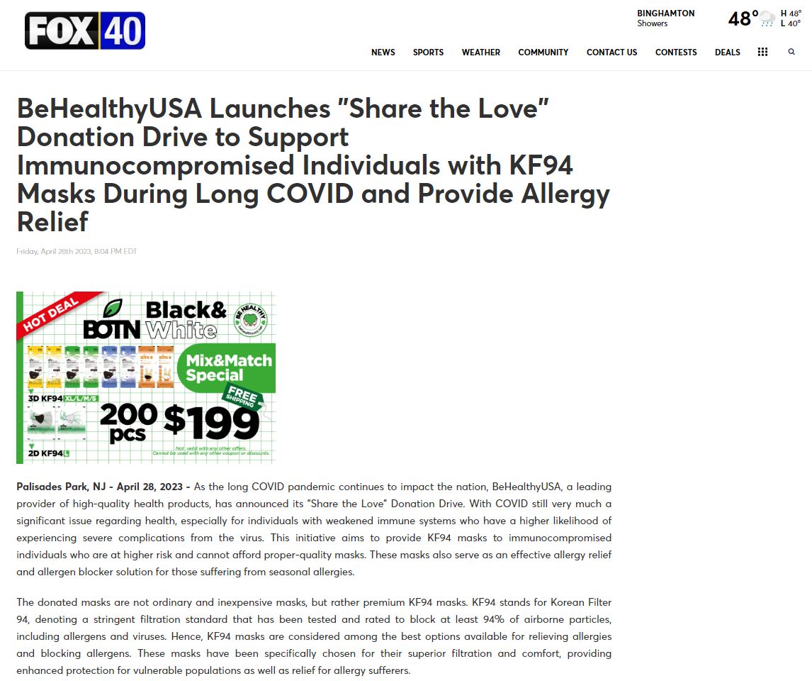 BeHealthyUSA Launches "Share the Love" Donation Drive to Support Immunocompromised Individuals with KF94 Masks During Long COVID and Provide Allergy Relief