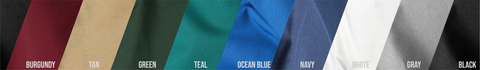 Image shows all 9 colors available of EliteShield Bimini Tops. Colors are Burgundy, Tan, Green, Teal, Ocean Blue, Navy, White, Gray, and Black.