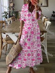 Women's Pink Half Sleeve V-neck Graphic Floral Printed Maxi Dress