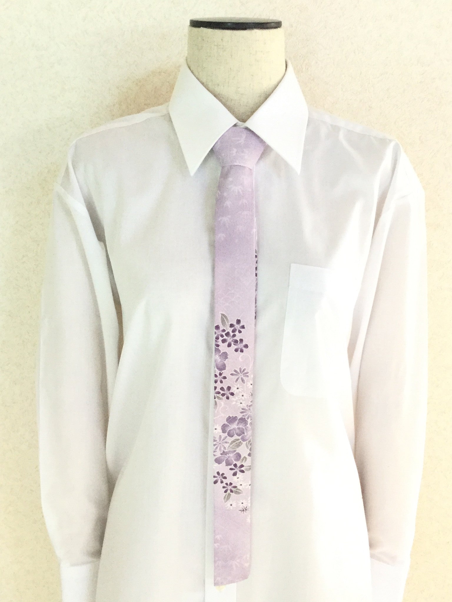 Skinny Necktie Lilac Japanese Flowers 着物ネクタイ 紫 花 Megumi Project