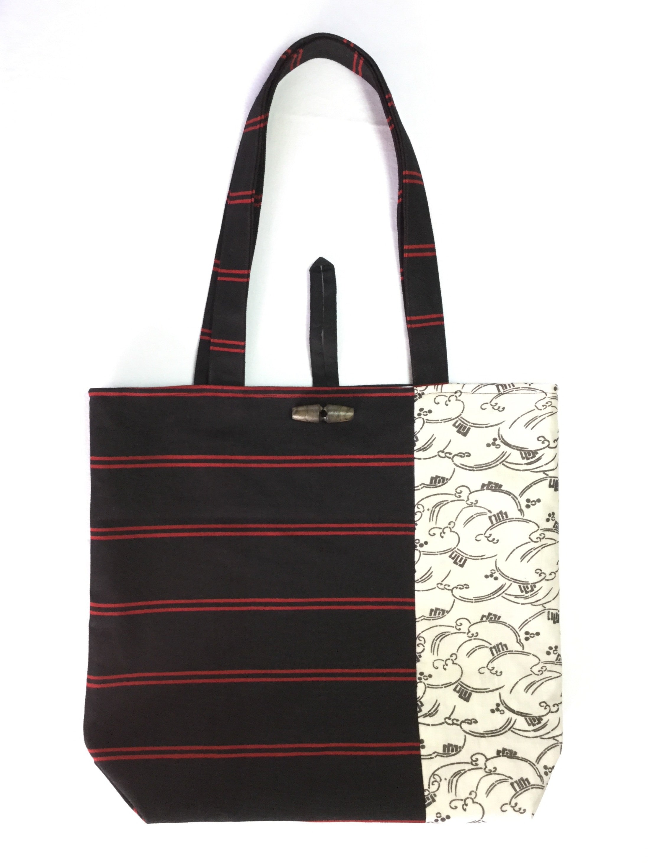 black tote with red lining