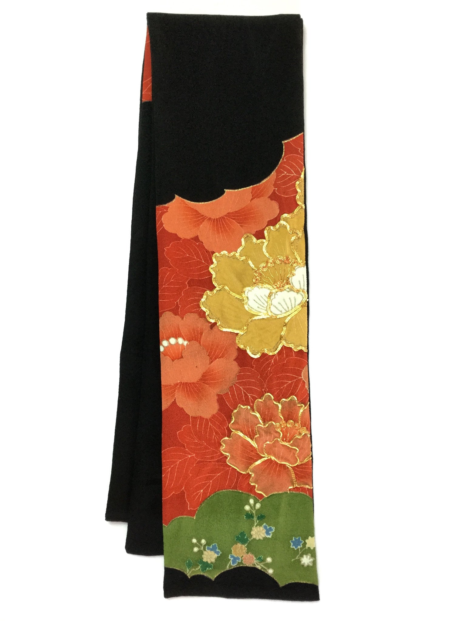 Straight Scarf Orange Flowers ストレートスカーフ 朱色と金色の花 Megumi Project