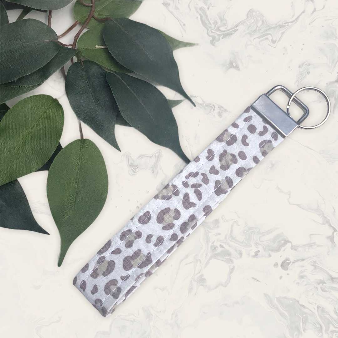 Light Brown and Cream Leopard Print Fabric Wristlet Keychain, Key Fob