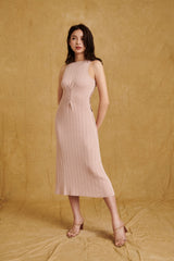 hello ronron Monica Dress Powder Pink |  船型領綁帶馬甲式挑孔針織洋裝 櫻粉色