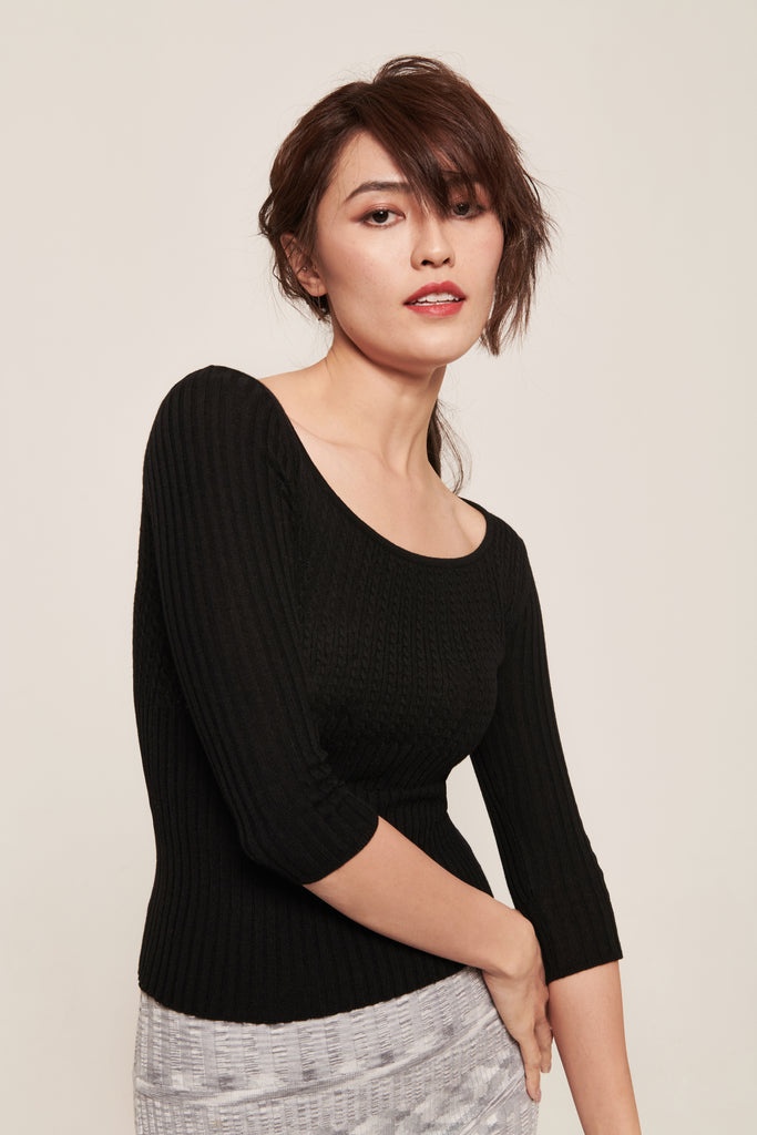 hello ronron | Agnes Top | Scoop neck cable ribbed knit top