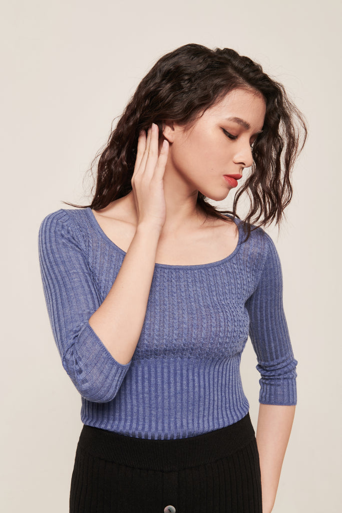 hello ronron | Agnes Top | Scoop neck cable ribbed knit top