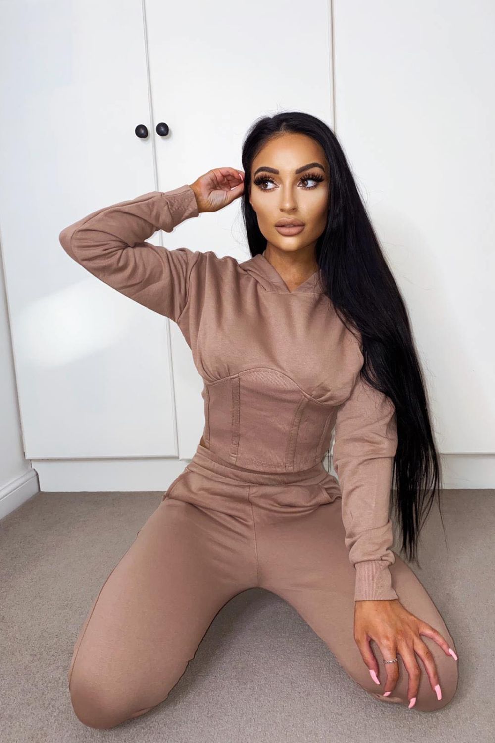 Aliza Taupe Corset Waisted Hoodie Tracksuit Set – Nazz Collection