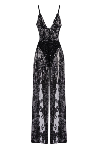 Game Changer Black Sheer Floral Sequin Palazzo Split Jumpsuit – Nazz ...