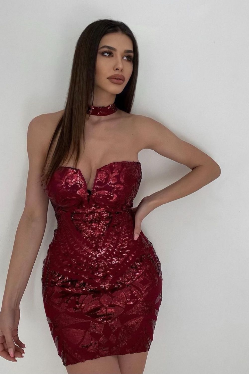 Alter Ego Red Velvet Asymmetric Cut Out Bralette Long Sleeve Dress